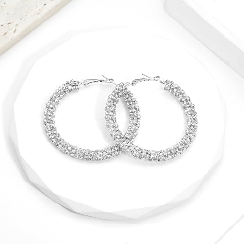 Ronglry Rhinestone Hoop Earrings for Women Glitter Hoop Earrings Bohemian Silver Sparkle Earrings Hoop Dangle Earrings for Women Large Hoop Earrings Crystal Party Earrings Prom Formal Jewelry3
