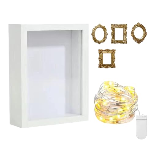 3D Shadow Box Frame Deep Display Box with String Lights 25x25cm Display Case Memento Keepsake Storage Boxes for Pictures Flowers Medals Tickets Tabletop Wall Hanging for Housewarming Family Wedding