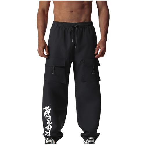 Men's Drawstring Cargo Pants Solid Color Elastic Waist Workwear Pants Multi Pocket Athletic Leisure Trousers Loose