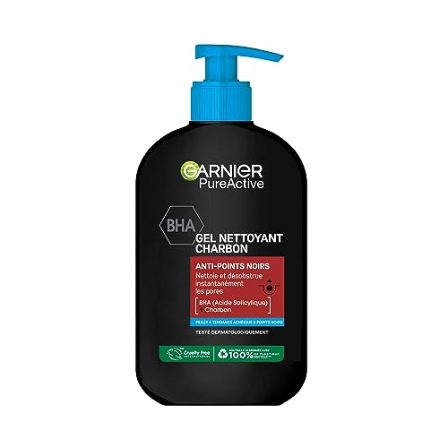 Garnier Pure Active – Gel limpiador de carbón – Reduce puntos negros y botones – Limpia y desincrusta los poros – BHA & Carbón – Vegan & Cruelty Free – Piel con tendencia acnéica, 250 ml