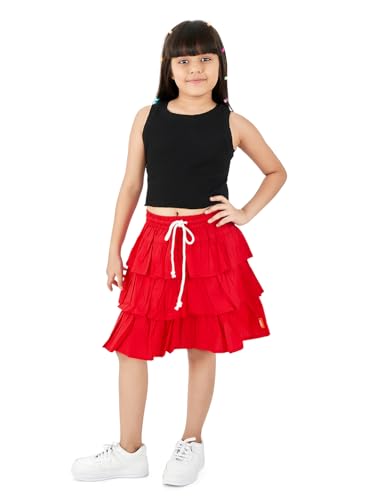 Image of olele Girls Roxy Ruffle Skirt - Red Cotton for 4 to 14 Years Kid | Layer Skirt for Girls | Cotton Skirt for Girls | Red Skirt for Girls | Layered Skirt for Girls | Red Skirt for Girls Long