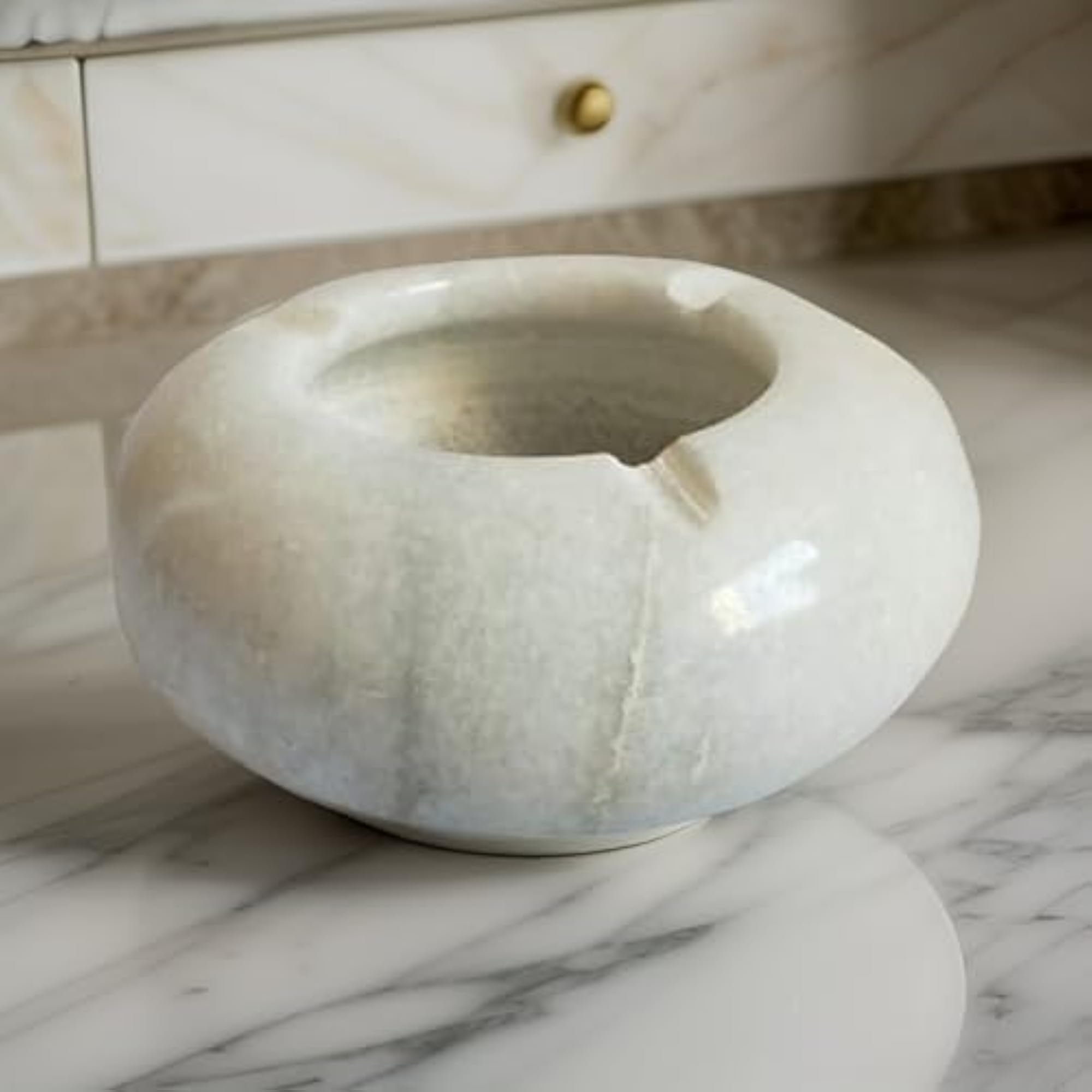 Handcrafted White Marble Round Ashtray, Elegant Tabletop Holder