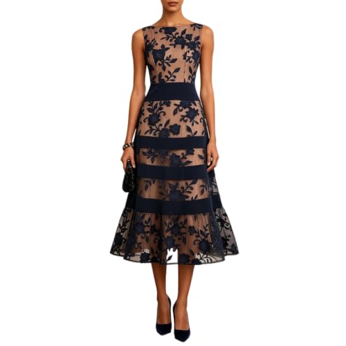 Lace See Through Dress Sleeveless Maxi Dress Slim Fit with Flocked Jacquard Mesh Velvet Paneling Evening Party Formal Events (X-Small,Navy Blue)
