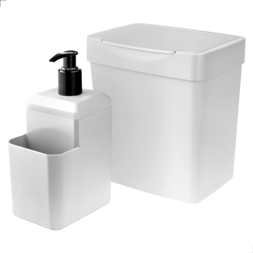 Kit Pia Cozinha Duas Peças Lixeira 2,5l Dispenser 550ml de Detergente Conjunto Organizador (Branco)
