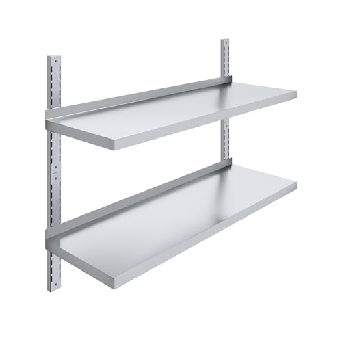 Image of AmGood 16 in. x 48 in. Two-Tier Stainless Steel Wall Mount Shelf | Heavy-Duty Metal Shelving for Kitchen, Garage, Pantry, Closet, and More