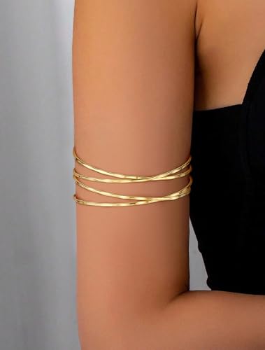 FIRAZIO 4PCS Gold Arm Cuff Jewelry for Women Upper Arm Cuff Bangle Band Armlet Adjustable Arm Gold Cuff Bracelet Set3