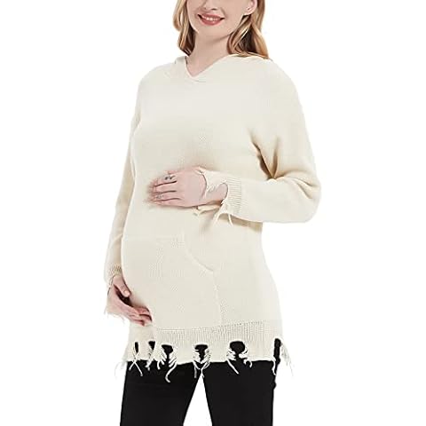 MOMOOD Maternity Hooded Sweater Loose Knitted Maternity Pullover Ripped Long Sleeve Sweatshirt Top with Pocket, Beige, X-Large Cover