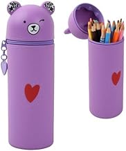 Silicone Standing Pencil Case, Sweet Animals Pencil Case, Stand Up Pencil Case Bear, Vertical School Pencil Case for School Teenagers, Cute Pencil Case in Soft Silicone Bear Theme, purple,