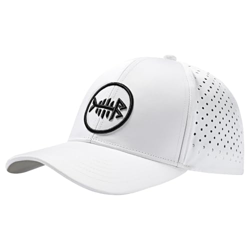 BASSDASH UPF 50+ Quick Dry Baseball Cap Water Resistant Laser Cut Mesh Snapback Hat for Men Women Fishing Hiking FH14 White