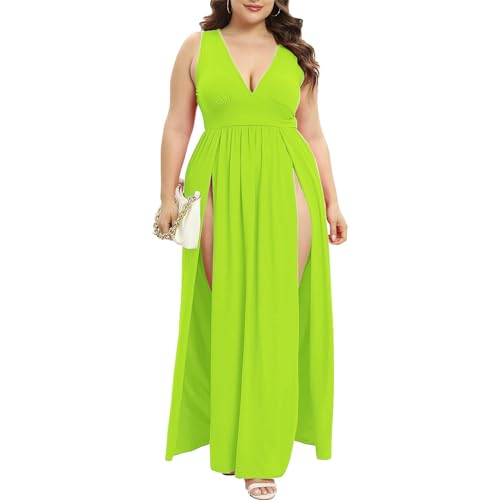 Image of SILUI Women's Summer 2026 Sexy Double High Slit Deep V Neck Plus Size Sundresses Thigh Split Maxi Club Party Dresses
