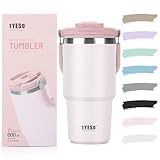 TYESO タンブラー ストロー付き 600ml 水筒 保冷保温 大容量 ステンレスボトル 蓋付き こぼれない ウォーターボトル 持ち運び 取っ手付 真空断熱 二重構造 広口 直飲み 漏れない アウトドア おしゃれ サクラピンク KT01-01022-202