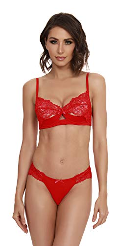 Dreamgirl Women's Silky Microfiber Underwire Shelf Bra and G-String Set, Lipstick Red, Medium