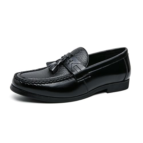 Men's Leather Tassel Decorated Low Heel Formal Loafers Retro Round Toe Printed Non-Slip Slip-On Business Flat Moccasin Shoes