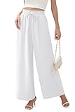 YuYukan Pantalones de lino de pierna ancha para mujer, cintura alta, pantalones palazzo sueltos, casuales, pantalones de trabajo con bolsillos, Blanco-01, Small