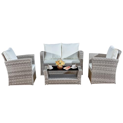 4-Piece Rattan Garden Furniture Set with G...