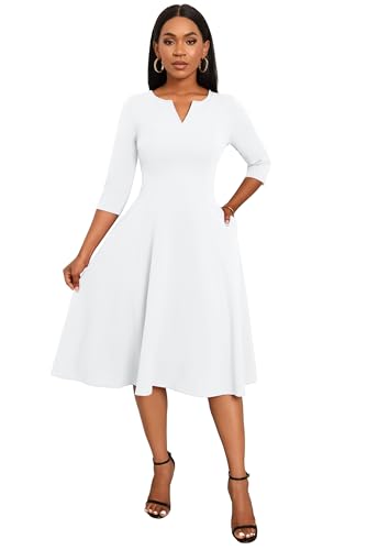 Nmoder Midi Dresses for Women A-Line Fit and Flare Dress 3/4 Sleeve V Neck Cocktail Wedding Guest Work Dress with Pockets2