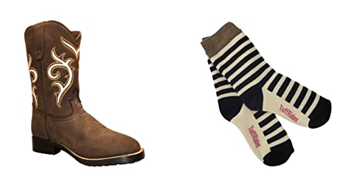 TuffRider Children's Carlsbad Square Toe Western Boot- Brown w/White-With Free Assorted Striped Socks