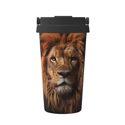 ZhRiYan The Lion's Gaze - Taza de café aislada con asa, tapa, vaso de viaje de acero inoxidable de 500 ml