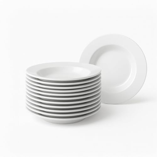 CasaSelección 12 Platos Hondos de Porcelana Blanca - Juego de 12, Diseño Redondo, 22 cm, Aptos para Lavavajillas y Microondas, Color Blanco