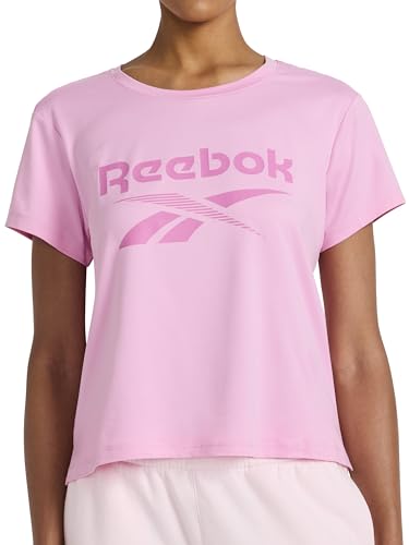 Reebok Women’s Lockup Striped Cropped Crewneck T-Shirt, Standard Fit, Lightweight Stretch Poly Performance Fabric, Lilac Chiffon, Medium - image 1