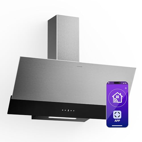 Klarstein Verosteel Hotte Aspirante 90 cm - Hotte Décorative, 624 m³/h, A++, Commandes Tactiles, LED, Filtre Charbon, Inox & Verre Noir, Silencieuse, Cuisine...