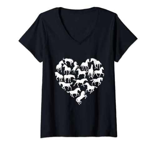 Mujer Corazón Pferdeliebe Camisa Caballo Love Riding Girls Caballos Camiseta Cuello V