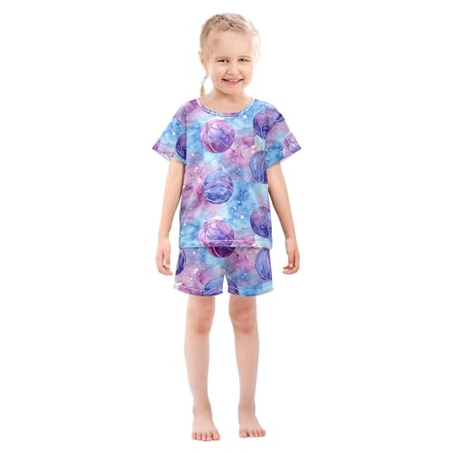 ALAZA Basketball Watercolor Blue Pajamas Set Short Sleeve Cotton Sleepwear Summer Pjs 2 Piece 5-14Y3