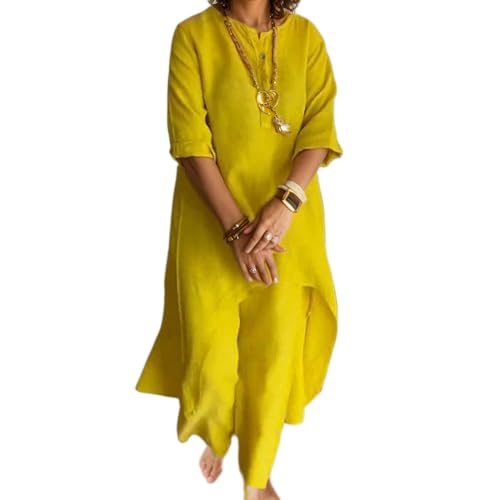 Women 2 Piece Linen Set Solid Color Long Sleeve Irregular Hem Top and Wide Leg Pants Trousers Suits