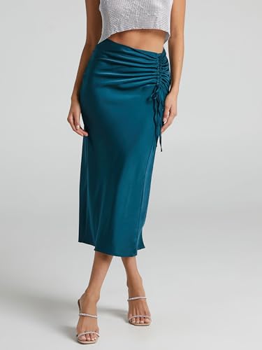 Midi Skirts for Women, Solid Color Satin Pleated Zipper Skirts Silky Casual A-line Elegant High Waist Summer Long Skirt2