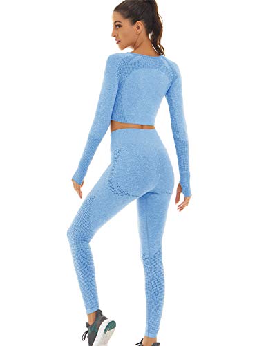 Toplook Women Seamless Workout Outfits Athletic Set Leggings + Long Sleeve Top (Ligth Blue, Medium)