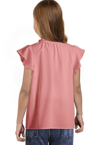 Image of DOKOTOO KIDS Girls Short Sleeve Blouse Dress Shirt Top Size 7-15 Years Old | None Elastic Fabric, Ruffle V Neck, Pull on, Solid Collared Formal, Flowy Casual Flutter Spring Summer Western Top
