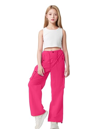 Image of HENGAO Girls Cargo Pants Parachute Casual Jogger Y2K 5-14 Years | Kids Baggy pants Parachute, Drawstring, with Pockets, Elastic High Waist, Loose Trousers Streetwear