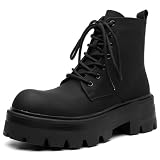 CrazySavage Men's Black Leather Lace-up Platform Combat Boots Wide Toe Side Zipper Chunky Heel Lug Sole Ankle Booties Comfort High Top Waterproof Biker Boots (Black,8.5)