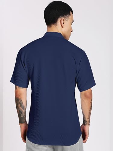 Image of Men's Regular Fit Solid Casual Shirt - Short Sleeve, Mandarin Collar, Lightweight Polyester, Stylish Everyday Wear