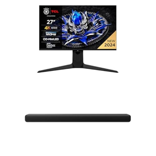 TCL 27R83U, MiniLED-Monitor mit 1100 Zonen und 4K 160 Hz + TCL S45HE 2.0 Kanal TV Partner Soundbar mit Dolby Atmos und DTS Virtual:X, AI Sonic-Adaptation Ready, unterstützt HDMI eARC, Bluetooth