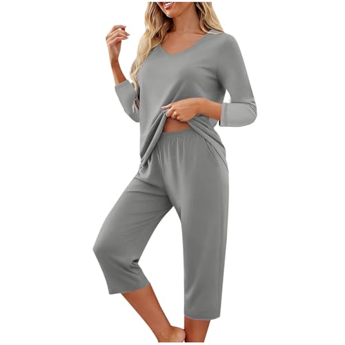 Women's Pajamas Set Fashion Solid Color V-Neck Long Sleeves T-Shirts Tops and Pj's Capri Pants Home Casual Outfits Gray XX-Large