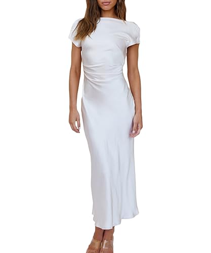 Gmeitoey Satin-Kleid mit Flügelärmeln und gerafftem Rücken, Sommerkleid für Damen, Elegantes Midikleid mit Geraffter Taille für Hochzeitsgäste,...