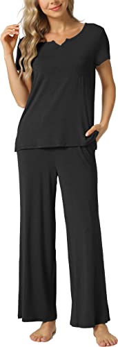 LazyCozy Women's Bamboo Viscose Pajama Set - Short Sleeve and Long Pants for Cooling, Comfortable...