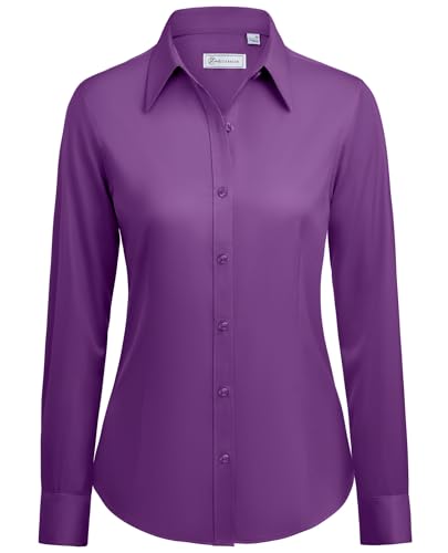 siliteelon Button Down Shirts for Women: Wrinkle Free Long Sleeve Classic Fit Collared Dress Shirt Solid Formal Office Deep Purple M