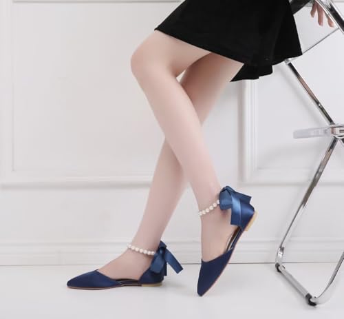 Image of Women's Bride Ballet Flats Satin Pointed Toe Pearl Ankle Strap Shoes | Satin Pointed Toe Flats; Pearl Ankle Strap Wedding Shoes