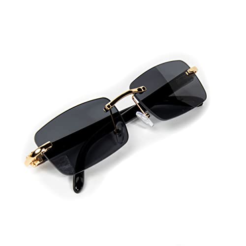 Street Knitted Mens Gold Frame Black Tint Rimless Square Trendy Cool Woodgrain Vintage 90's Old School Dark Tint Shades Retro Rectangular Men Hip Hop Sunglasses3