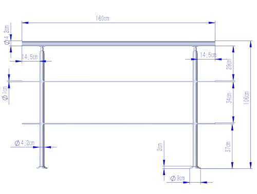 CAVATINY Edelstahl Handlauf Geländer für Treppen Brüstung Balkon mit 2 Querstreben - Innen und Außen Handlauf Geländer Treppengeländer Edelstahl Brüstung Balkon (160CM, 2 Querstreben)