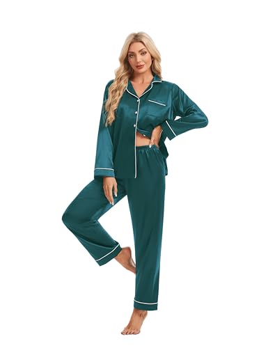 Devirld Women's Classic Long Sleeve Satin Pajamas Set Button Down Silky Sleepwear 2 Piece Lounge Set Pj Set with Notch Collar Blue Green - image 1