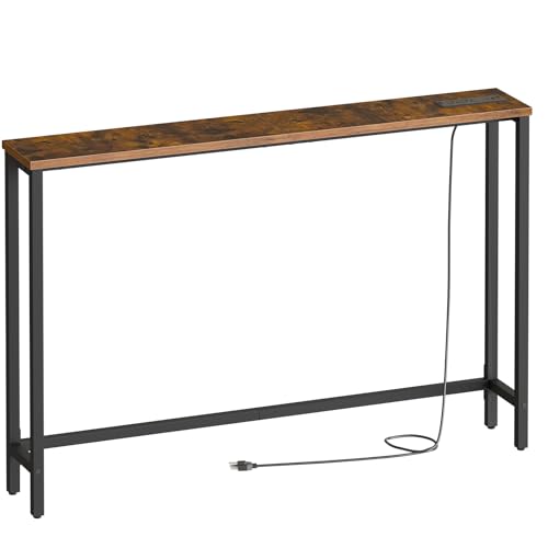 HOOBRO 47.2' Narrow Console Table with Power Outlet, 5.9' Behind Couch Table with Charging Station, Long Sofa Side Table, Skinny Entryway Table for Living Room, Hallway, Foyer, Rustic Brown BF15XG01G1