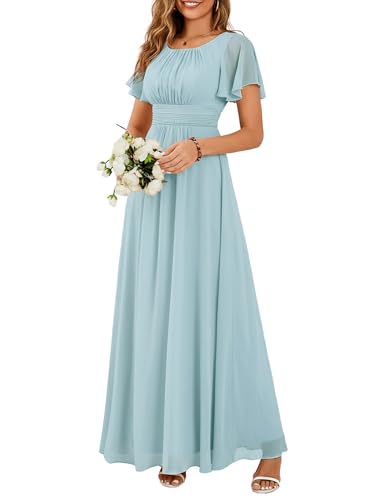Ever-Pretty Robes de Demoiselle d'honneur Col Rond Manches Longue Grand Taille Robe Soirée Femme Longue Bleu Ciel 46