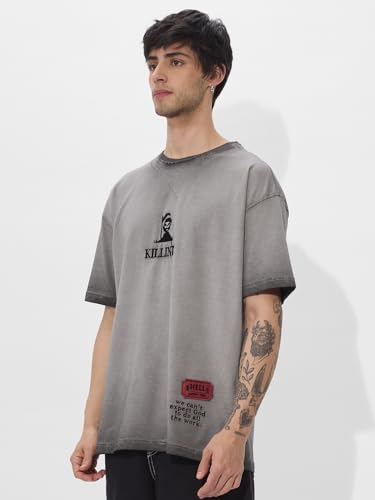 Image of The Souled Store Killin' It Men and Boys Short Sleeves Round Neck Grey Embroidered Cotton Oversized T-Shirts