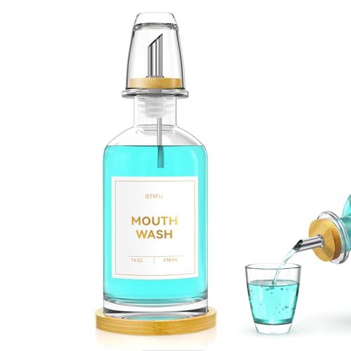 Glass Mouthwash Dispenser for Bathroom 14oz Refillable Mouthwash Container with 2 Glass Cups & Bamboo Tray Countertop Mouth Wash Dispensers - Bathroom Decor for Home Airbnb Office (Clear)