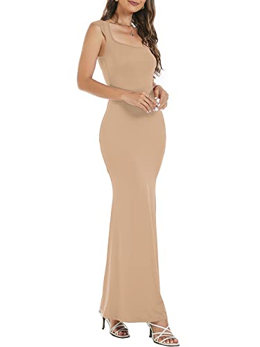 Image of Womens Summer Cap Sleeve Square Neck Elegant Casual Lounge Bodycon Slim Maxi Evening Party Long Dress