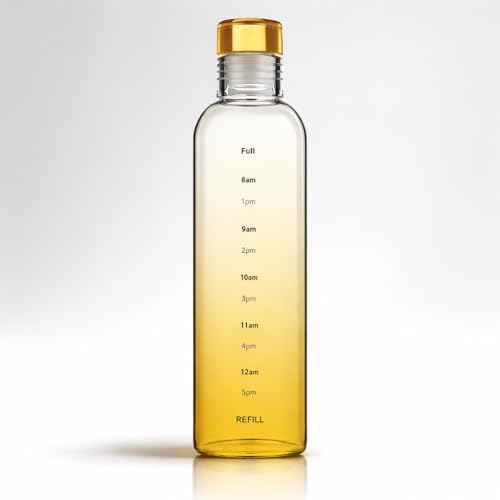 Image of Borosilicate Water Bottles, H2O Fridge Water Bottle with Cap, Leak proof & Airtight Lid, Water Bottle for Office, School, College - 500ml Bottles with Time Marker (Yellow)