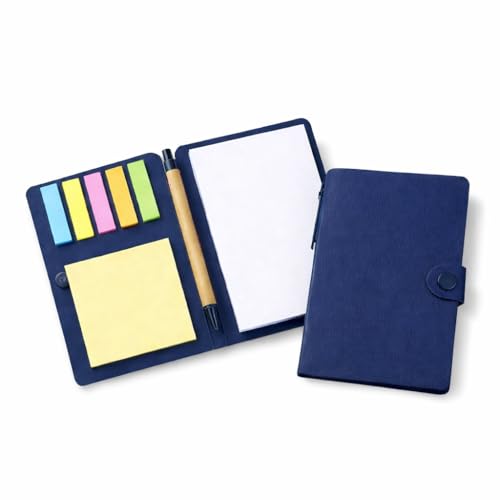 Image of AccuPrints Compact Sticky Notes Organizer with Pen Holder Navy Blue Paper Cover Colorful Sticky Tabs Button Closure 15.3x10cm To Do List Pad